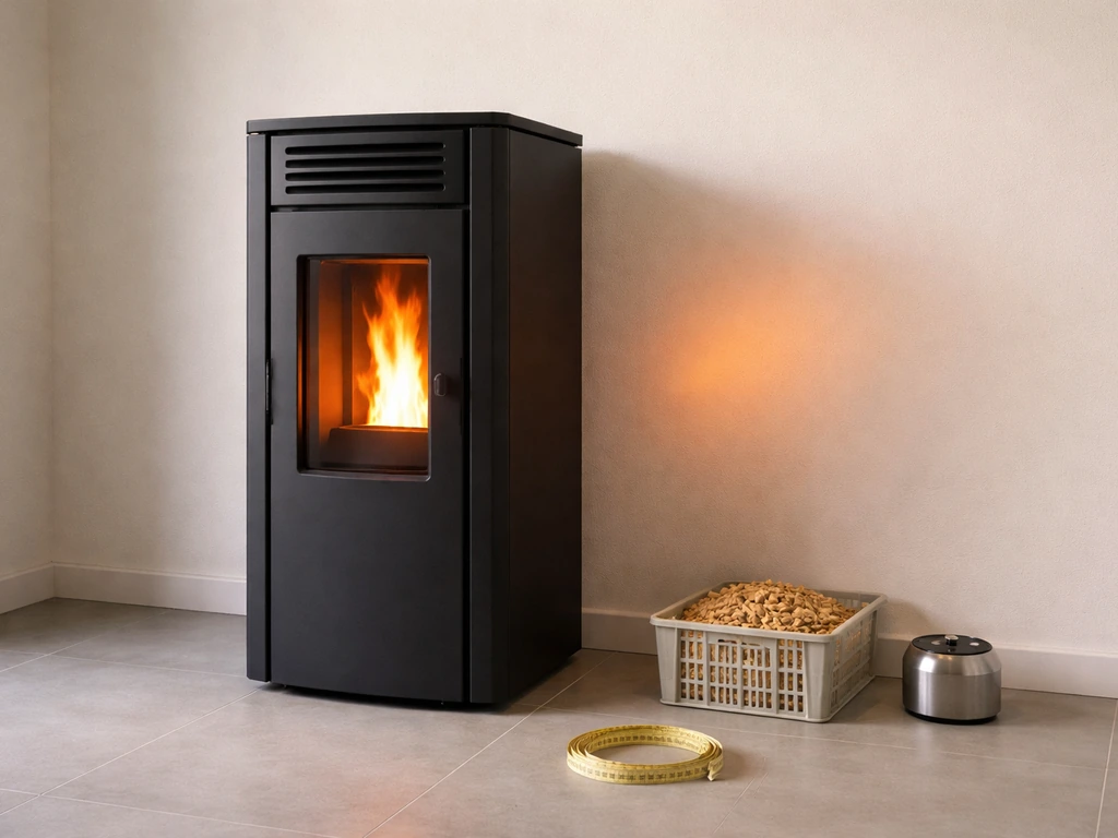 Minimal photo of a pellet heater with symbolic unlabeled items suggesting heat output, coverage, hopper, and burn time.