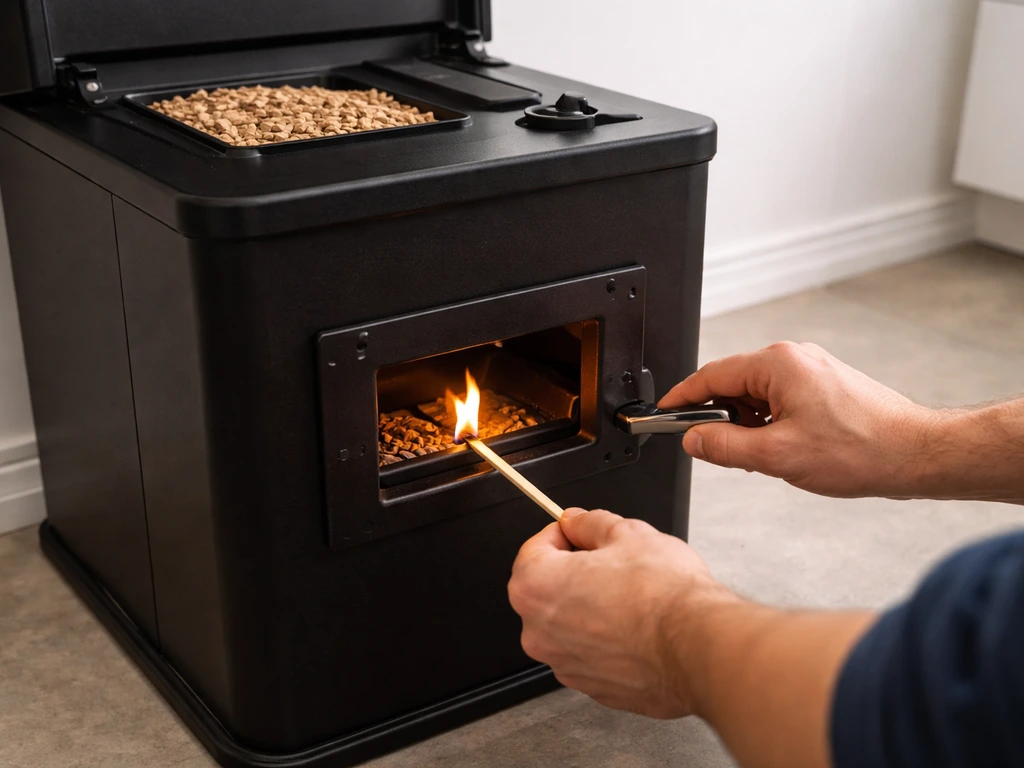 Close-up of hands lighting a manual pellet heater and adjusting the air intake/damper.