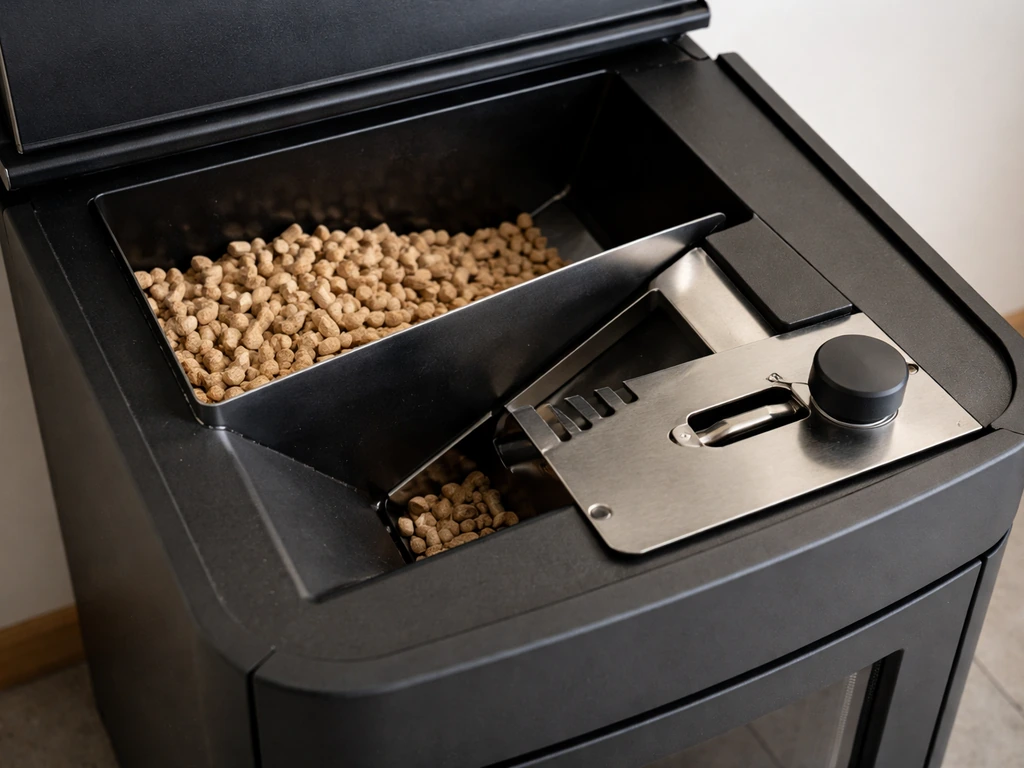 Close-up of a pellet gravity feed hopper and adjustable air intake regulating heat intensity