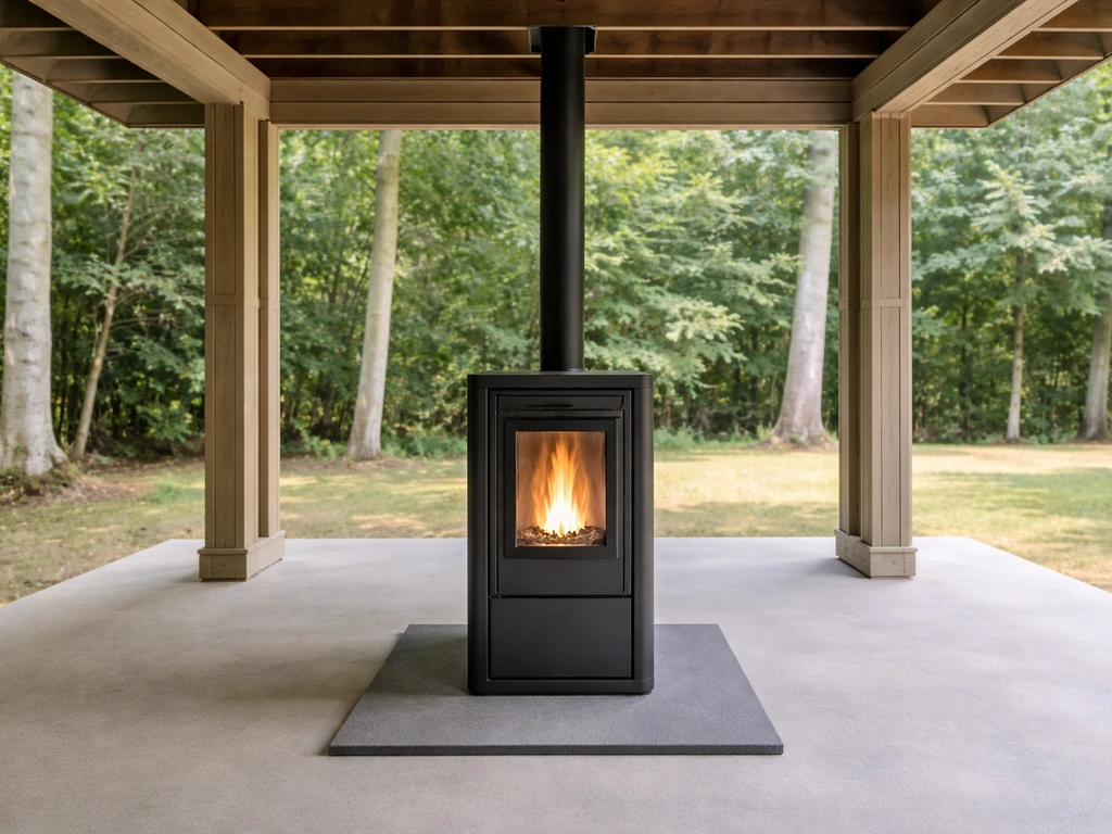 Pellet stove with proper clearance on an open-sided covered patio under a pergola.
