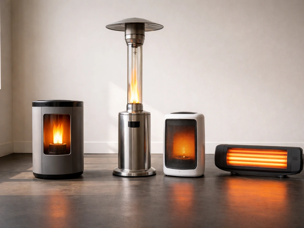 Four small heater models (pellet, propane, electric, infrared) arranged in a simple row with realistic glow.