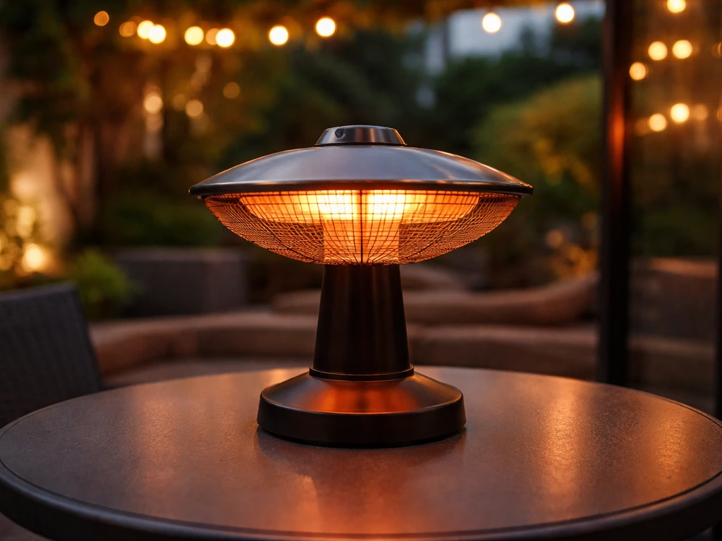 Compact table-top electric patio heater glowing warmly on an outdoor patio table at dusk.