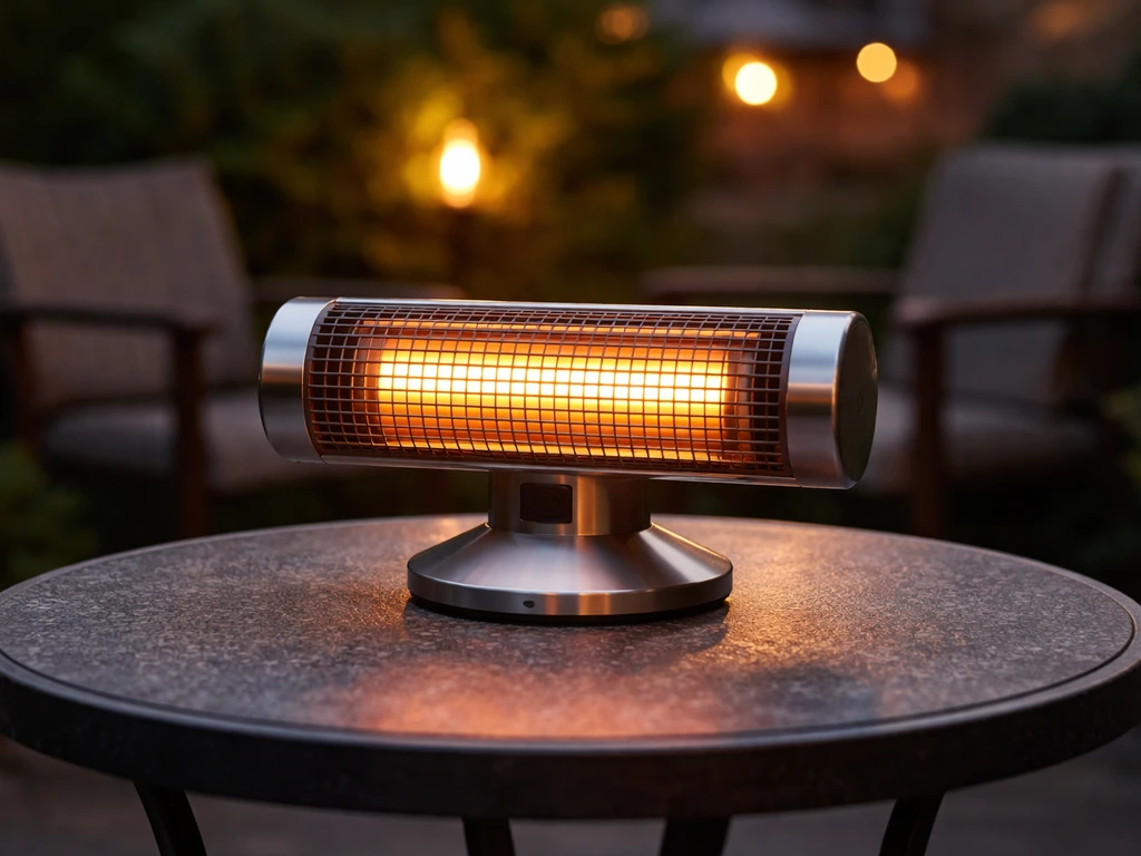 Compact halogen tabletop electric patio heater resting on a small bistro table outdoors at dusk
