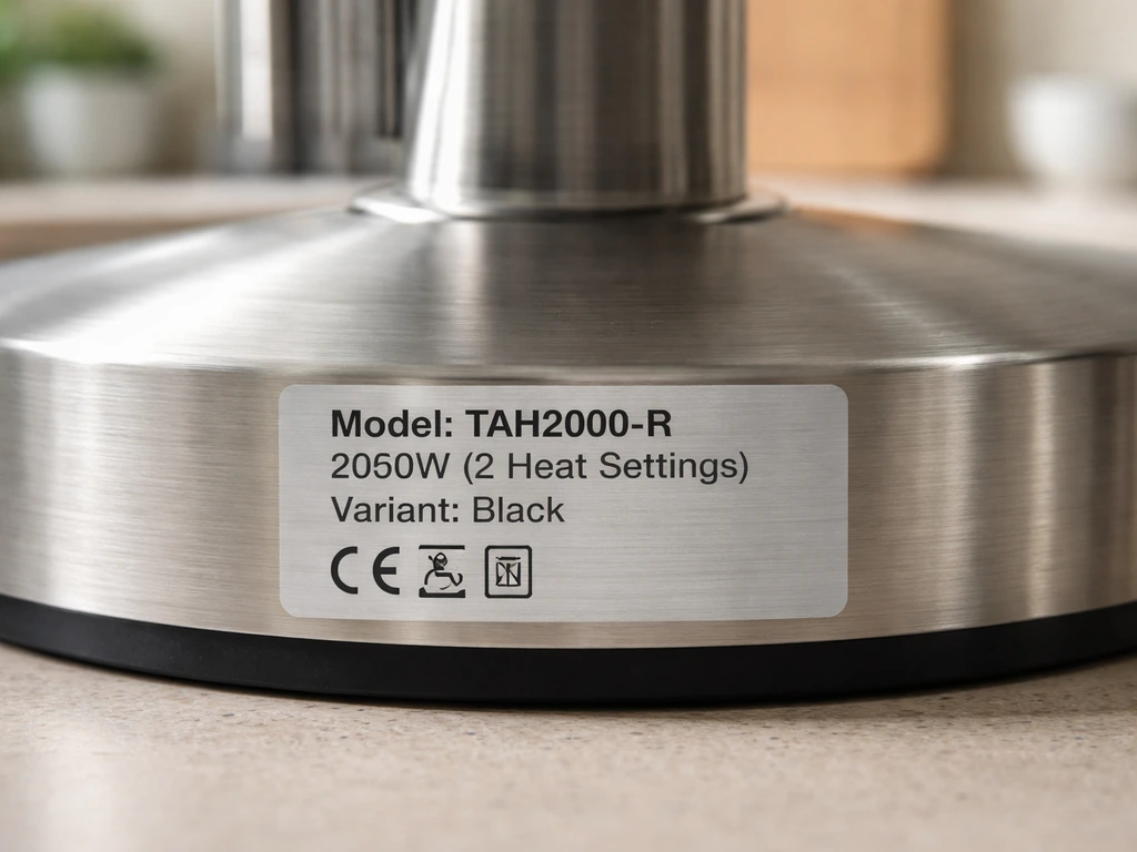 Close-up of a tabletop electric heater’s specification label with model and wattage details visible