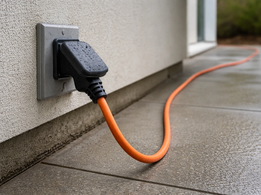 Heavy-duty outdoor extension cord plugged into a weatherproof outlet cover on a patio in rainy conditions.