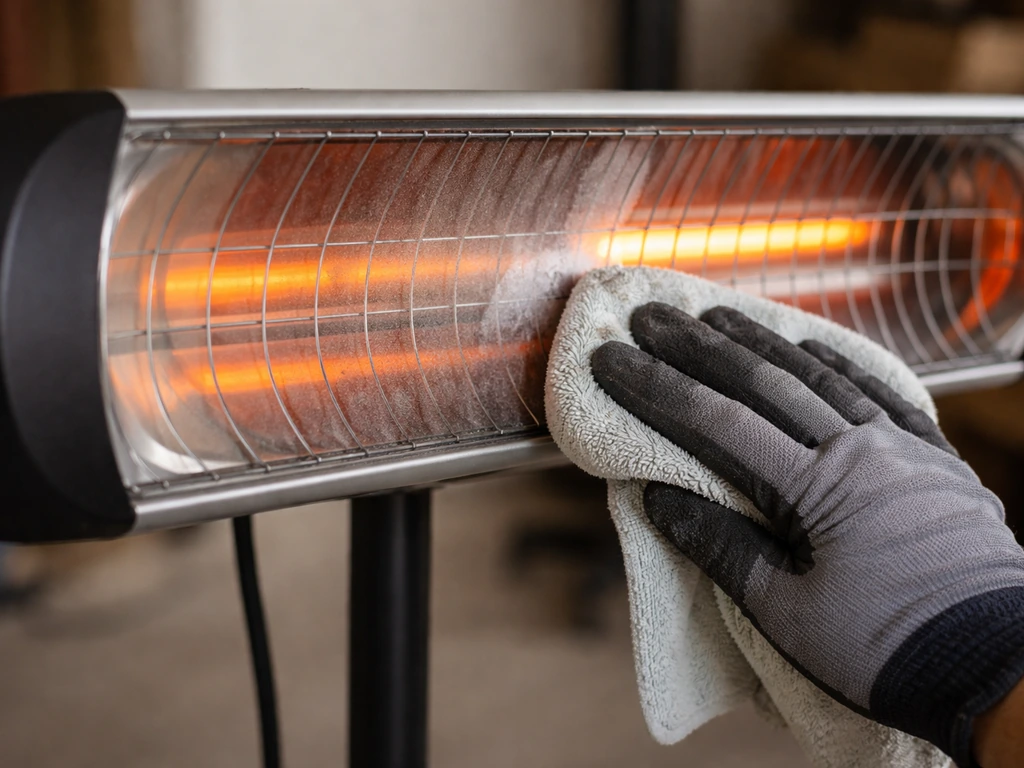 Gloved hand wipes an infrared heater’s reflector dish, showing cleaner shine on the heat-reflecting surface.