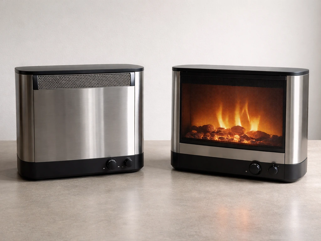 Minimal tabletop heater comparison scene with two stainless heaters on a neutral surface