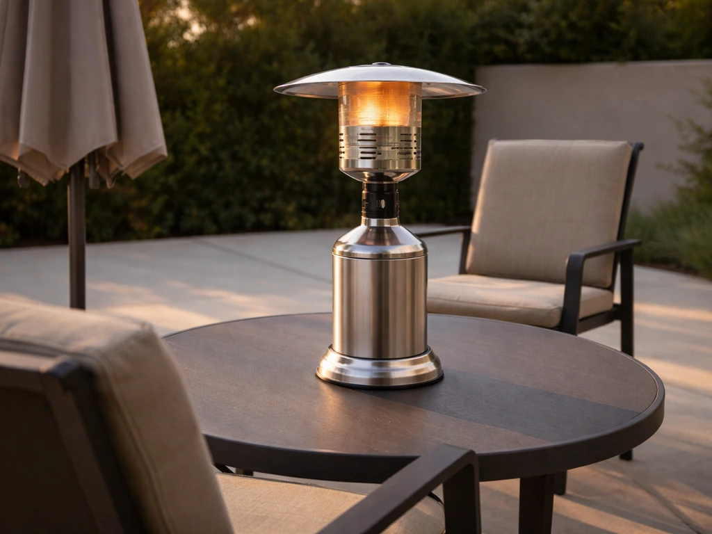 Stainless propane tabletop heater on an outdoor patio table with clear safe spacing from chairs and umbrella fabric