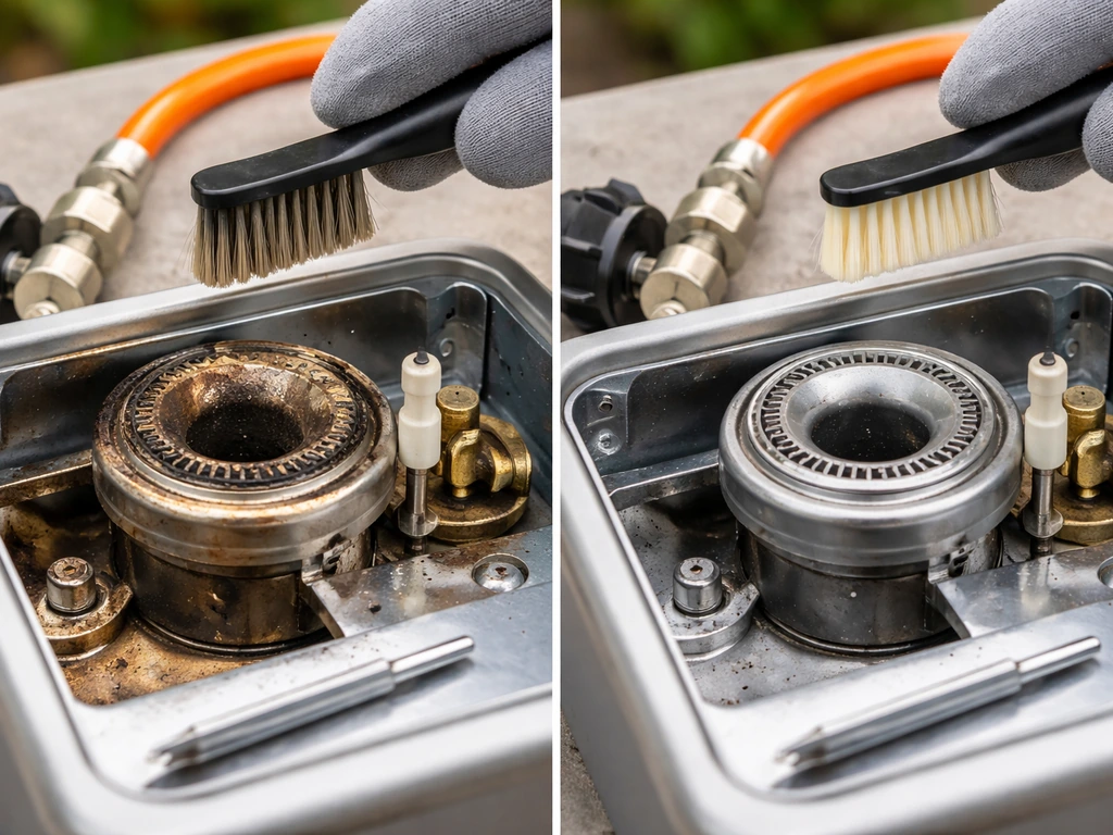 Close-up of propane patio heater burner area showing blocked ports next to a clean burner for ignition reliability