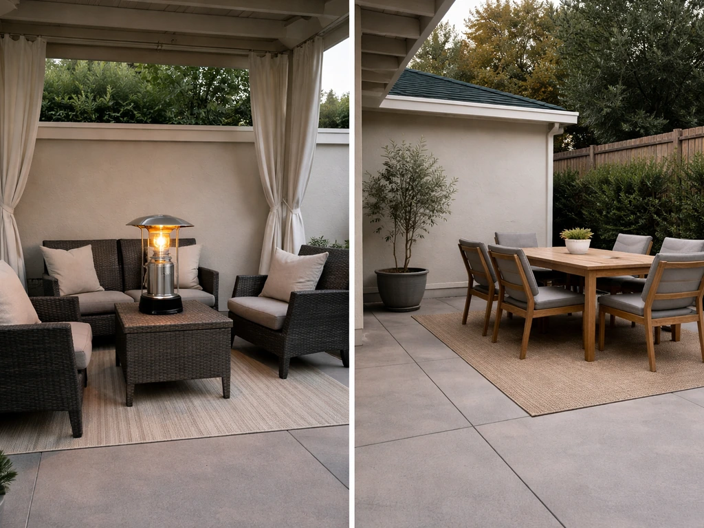 Tabletop heater on a small covered patio seating area, next to a larger open patio without a heater.