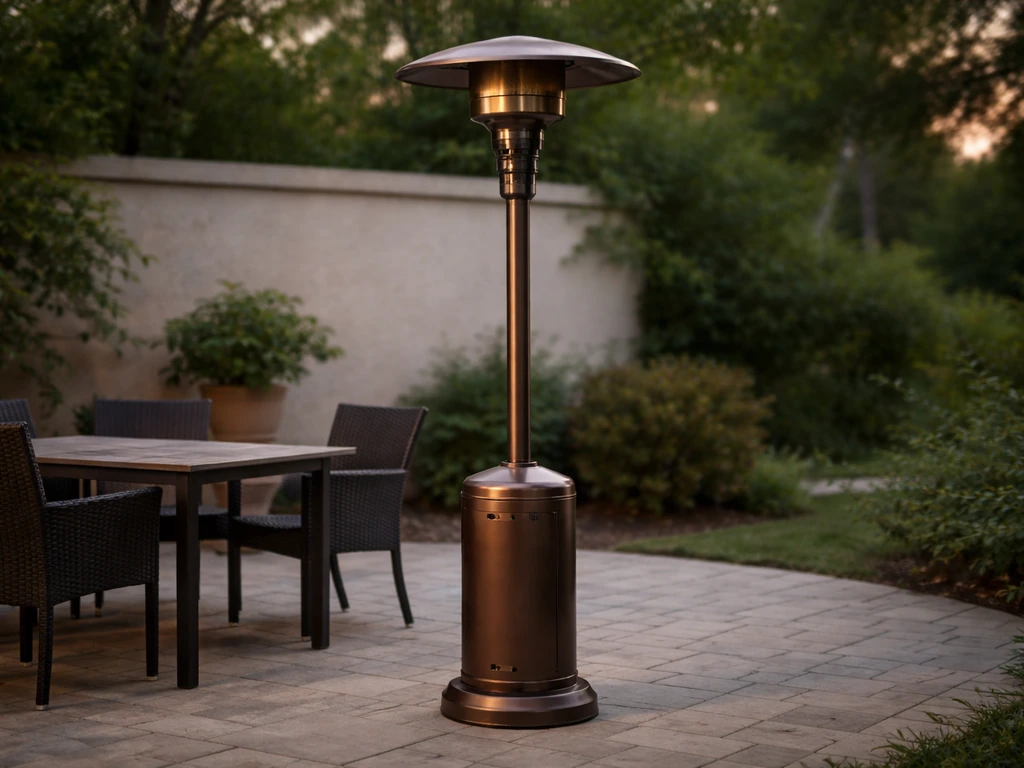 Bronze mushroom-style propane patio heater tower standing on a quiet stone patio at eye level.