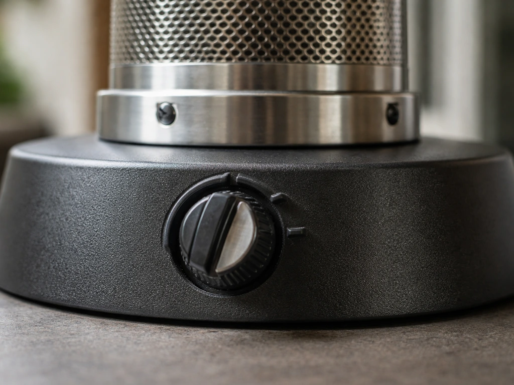 Close-up of a gas heater knob and aluminum emitter head on a sturdy steel base