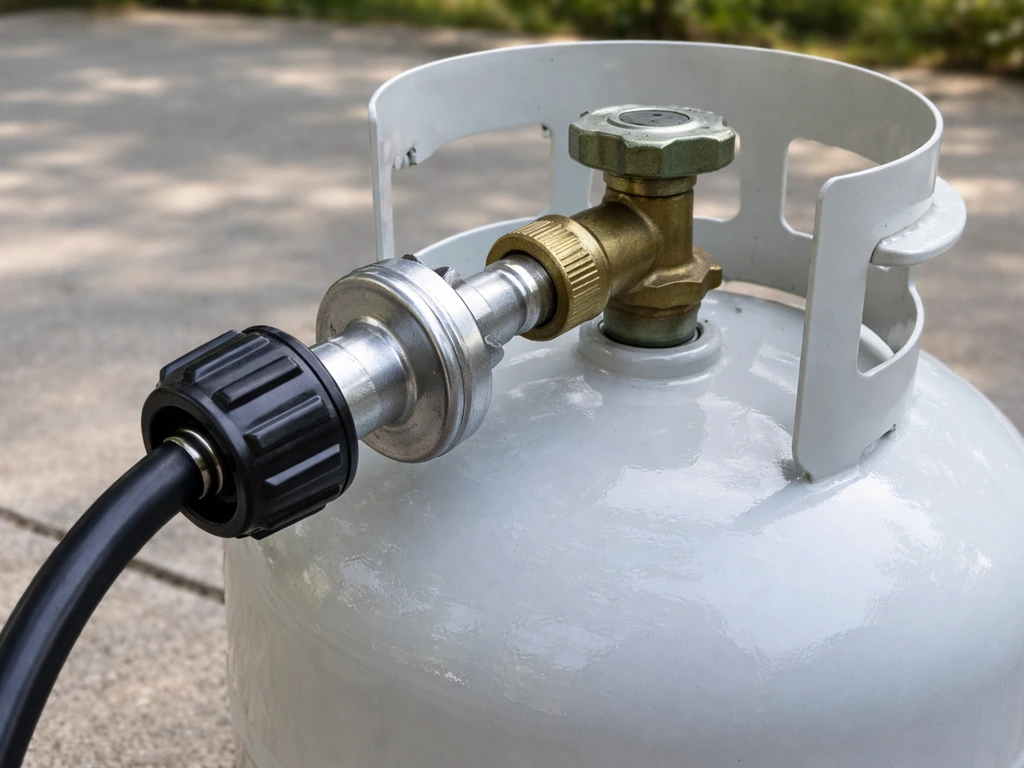 Close-up of a 20 lb propane tank with a QCC1/Type 1 regulator connected outdoors
