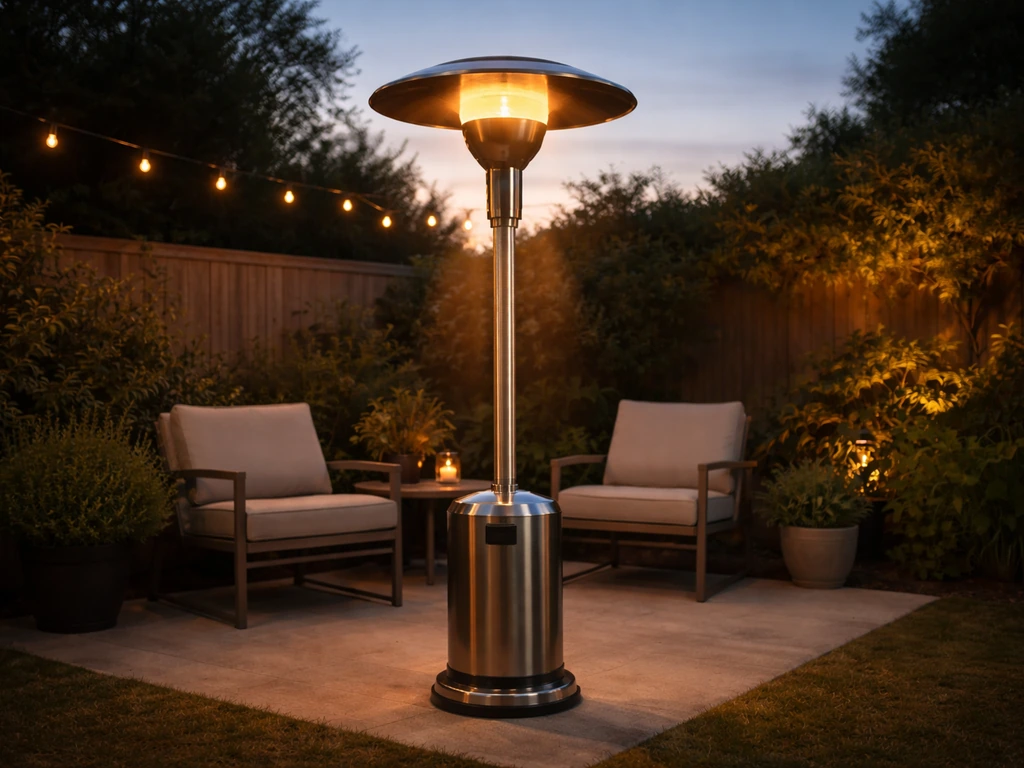 Warm glowing mushroom patio heater over a quiet outdoor seating area at dusk.