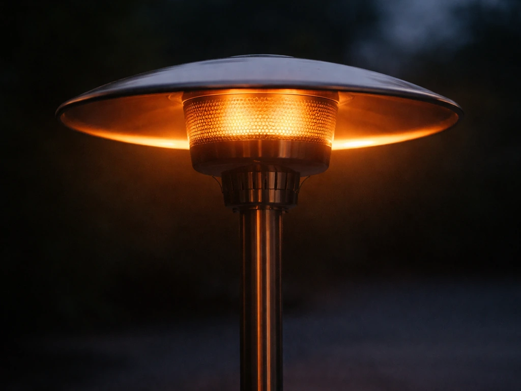 Mushroom-style patio heater cap glowing faintly, infrared radiant heat reflecting on dark patio surface.
