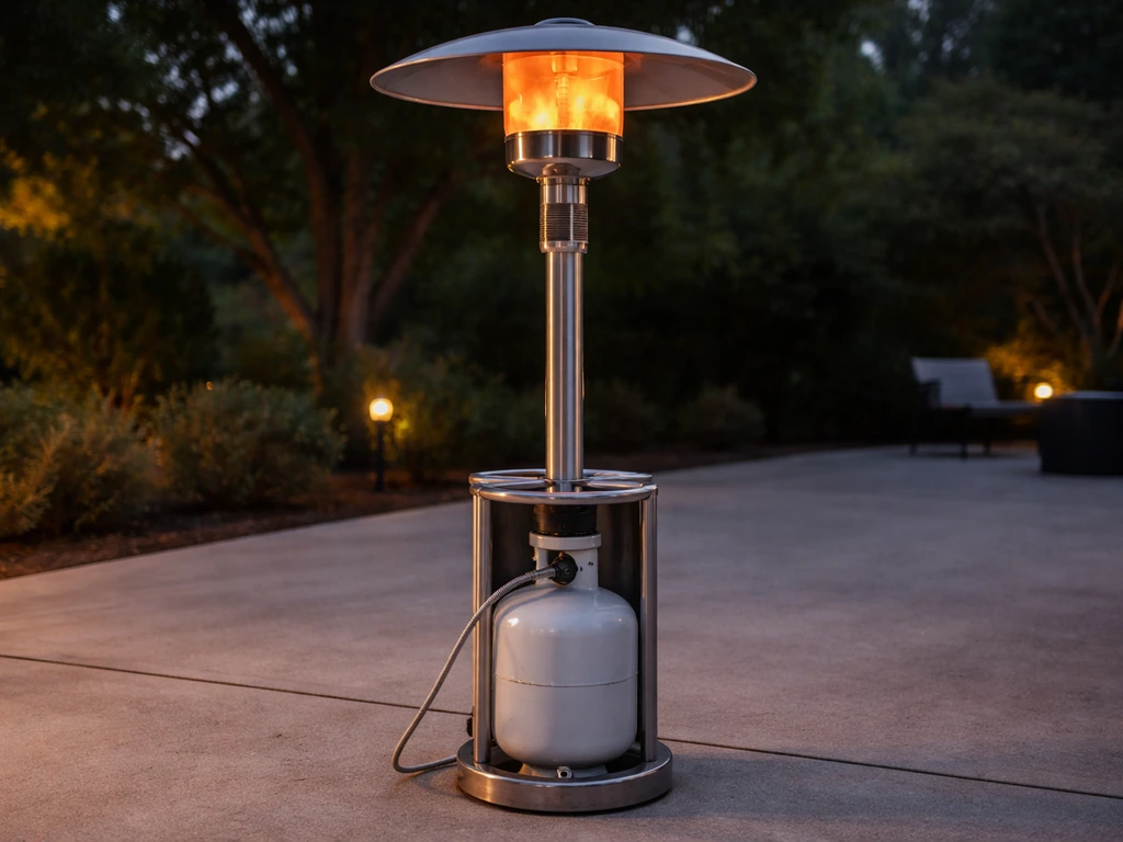 Propane mushroom patio heater on a patio with a connected 20-lb tank, ready to use