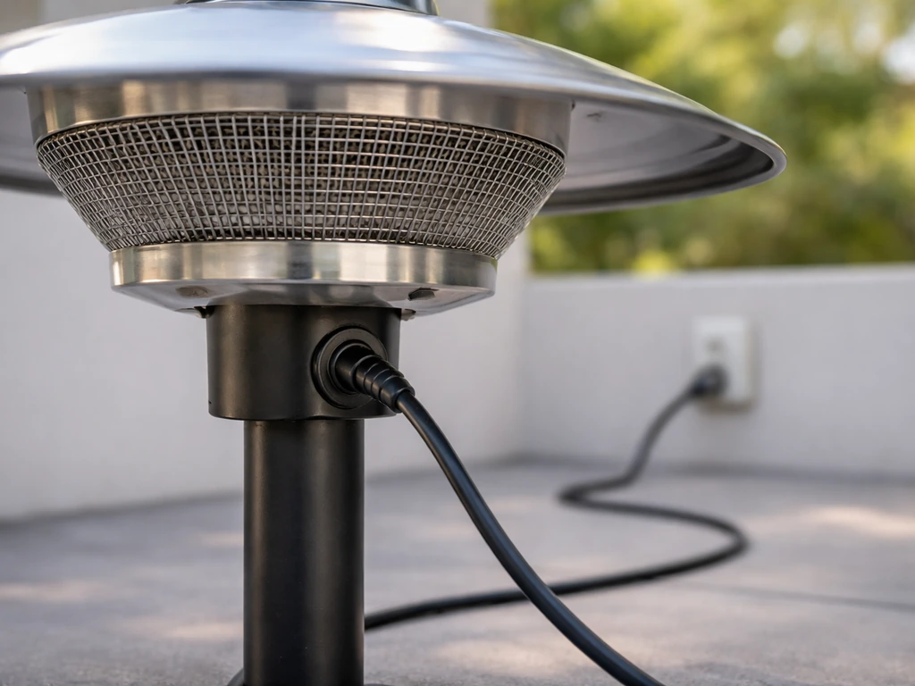 Close-up of an electric infrared mushroom heater’s emitter area with power cord and plug connection.