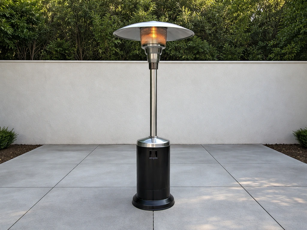 Outdoor mushroom heater with several-feet clearance from the wall and surrounding objects.