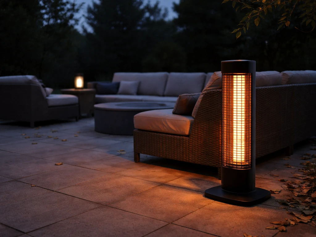 Infrared patio heater glowing outdoors, warming nearby surfaces while the air stays cool.