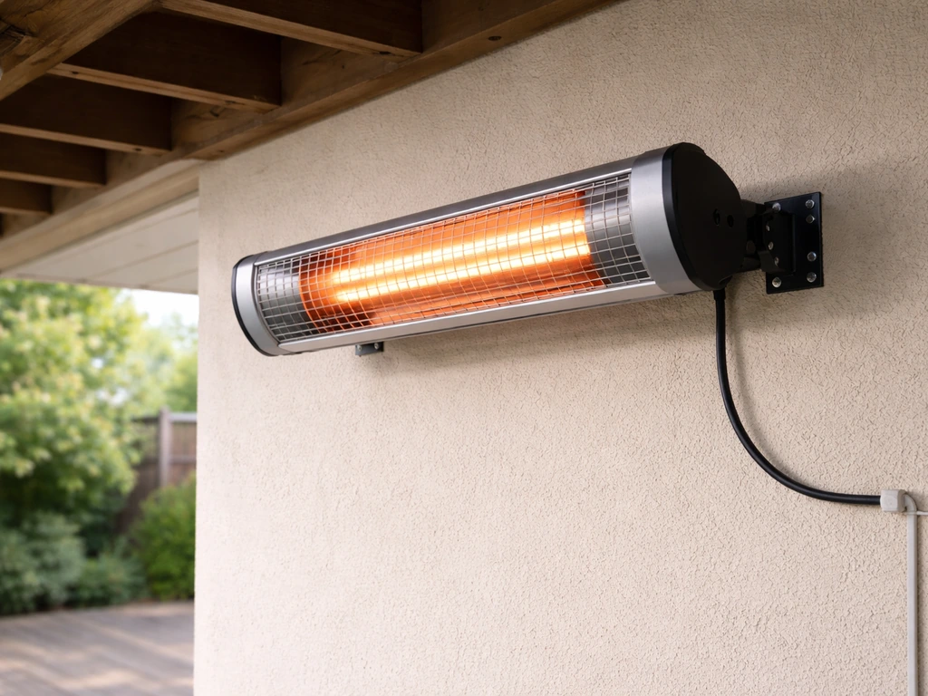 Compact wall-mounted infrared patio heater under a covered lean-to with visible brackets and routed power cable.