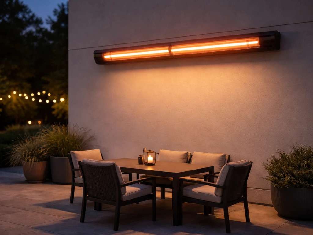 Infrared tube heater mounted on a wall warming a wide outdoor terrace with empty dining seating