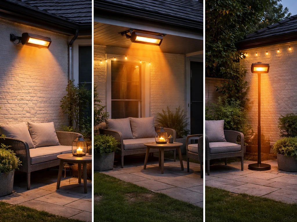 Minimal UK patio showing wall-, ceiling-, and freestanding infrared heaters directing warmth toward seating.