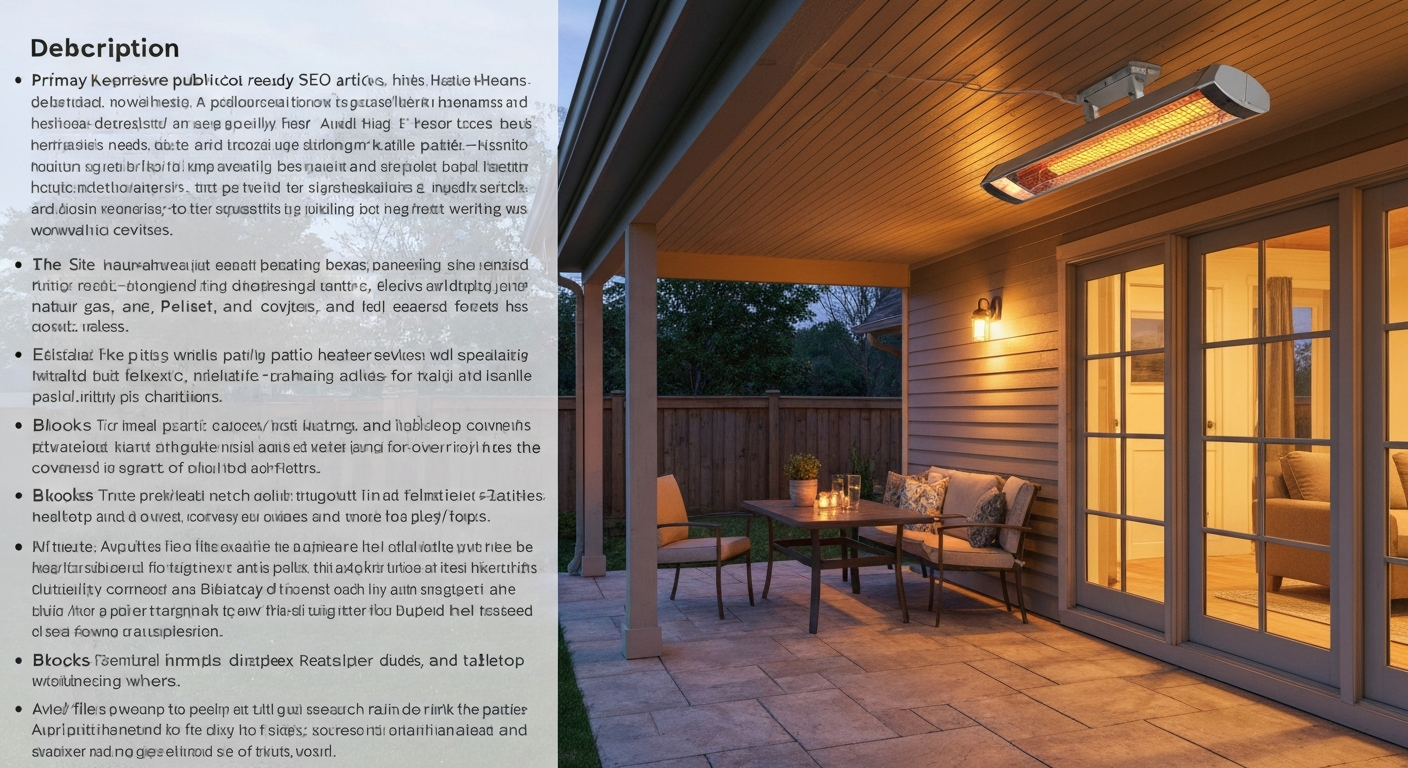 Covered backyard patio at dusk with a ceiling-mounted electric patio heater (aluminum housing) radiating warm light over a small seating area.