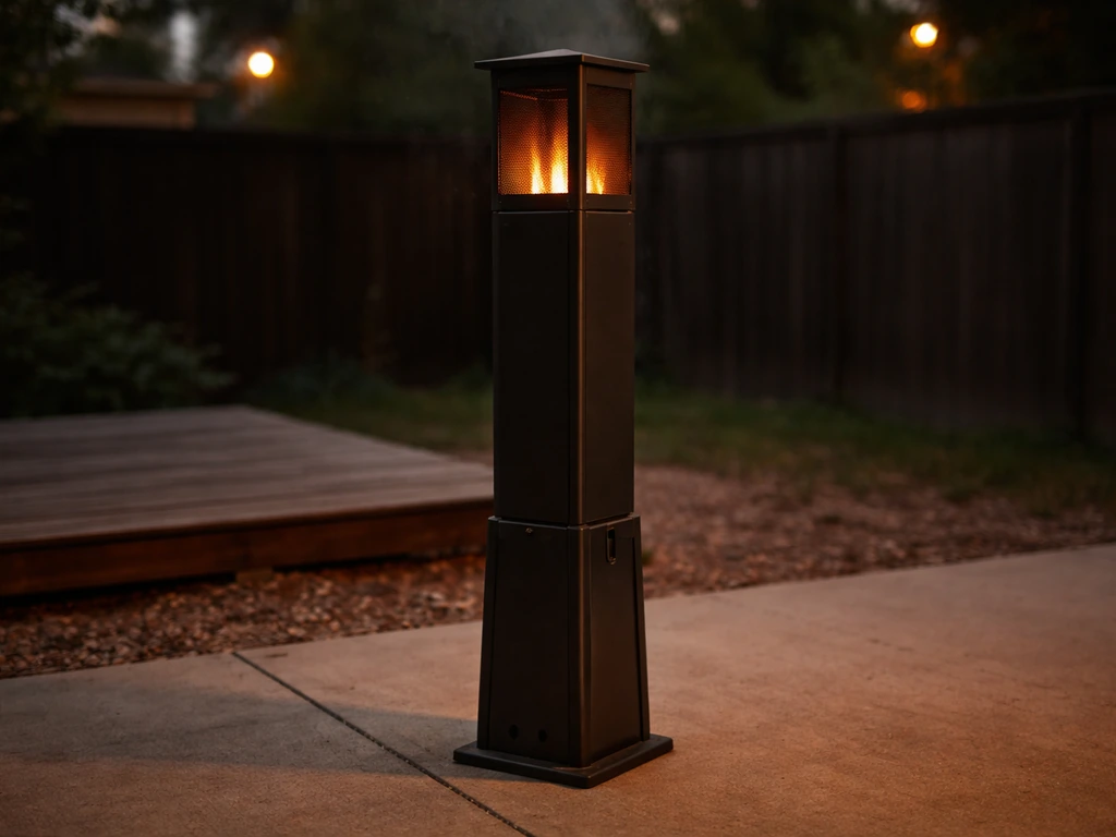 Lil' Timber pellet patio heater glowing warmly on a quiet patio at dusk.
