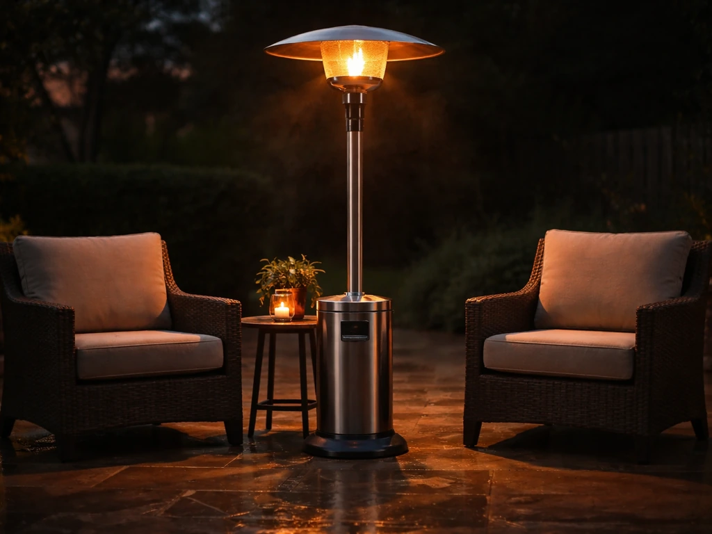 Warm patio mushroom heater glowing over two chairs and a small table on a real outdoor patio at dusk.