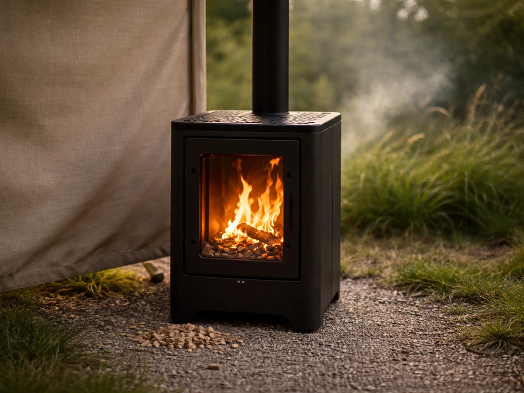Outdoor pellet heater with a windbreak panel, showing calmer flames on the sheltered side