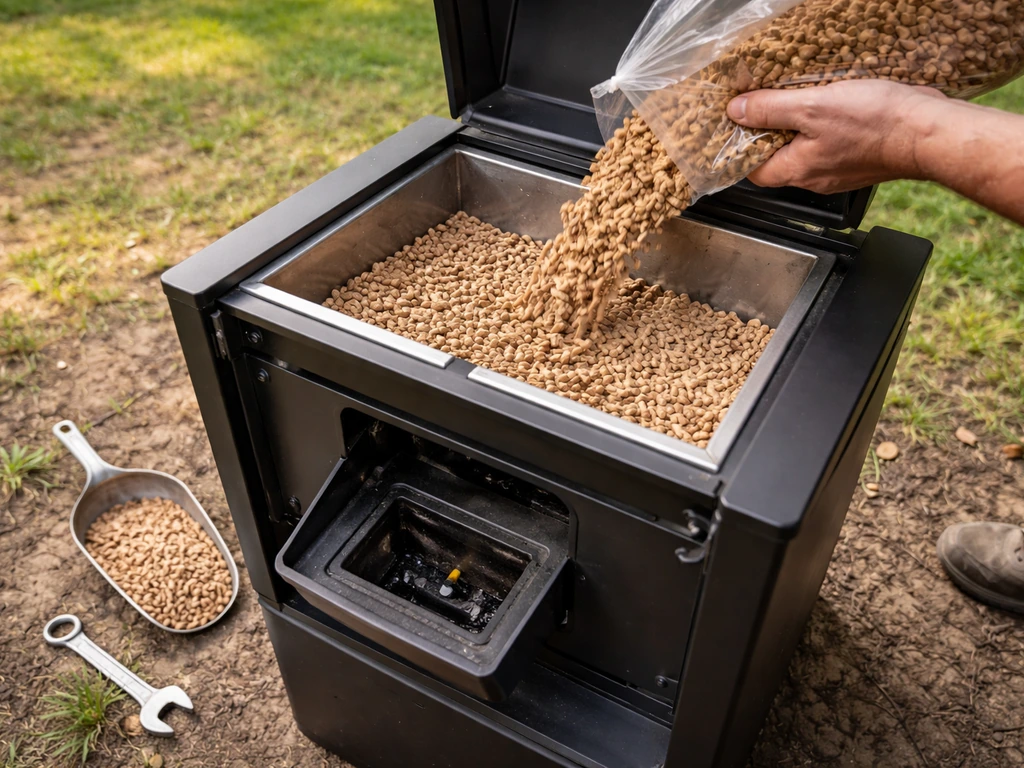 Close-up of pellet hopper and burn pot area being loaded outdoors with tools nearby