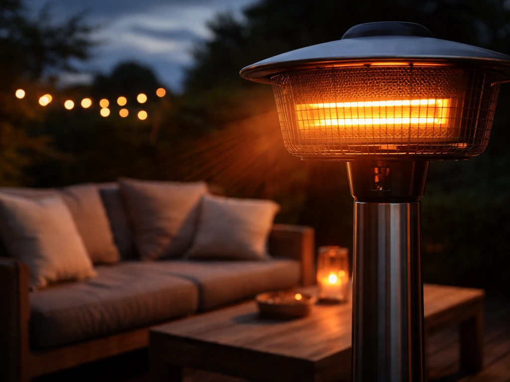 Dusk outdoor patio with a radiant patio heater glowing infrared warmth over a cozy seating area.