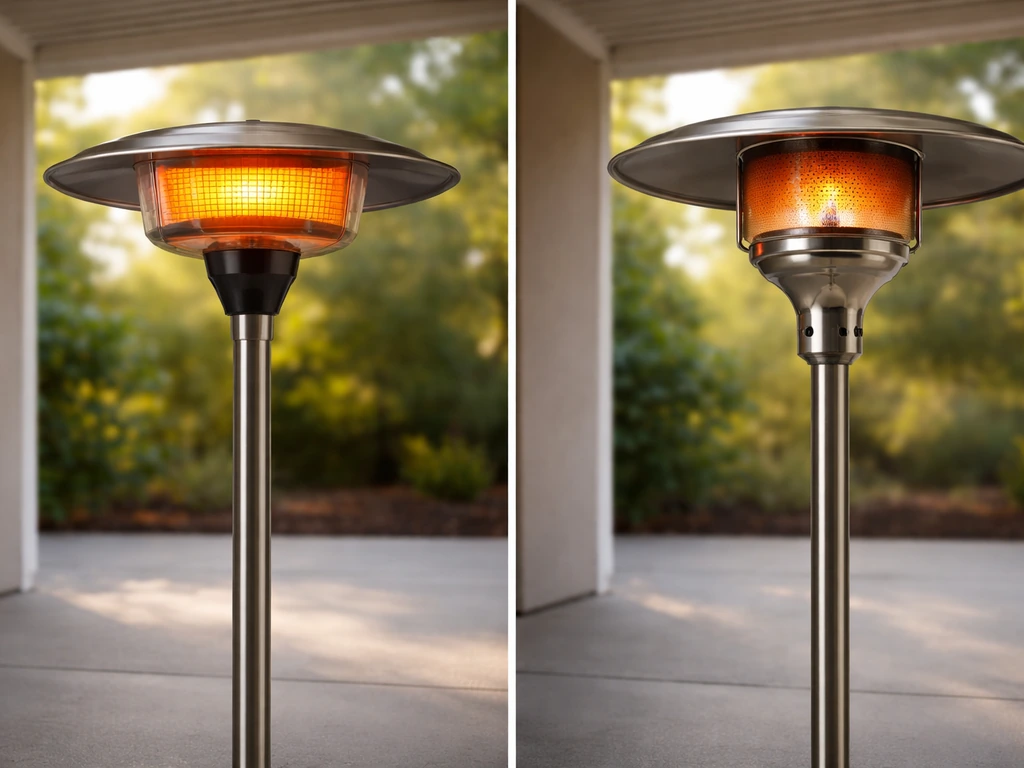 Side-by-side electric and propane radiant patio heaters under a covered patio in natural light.