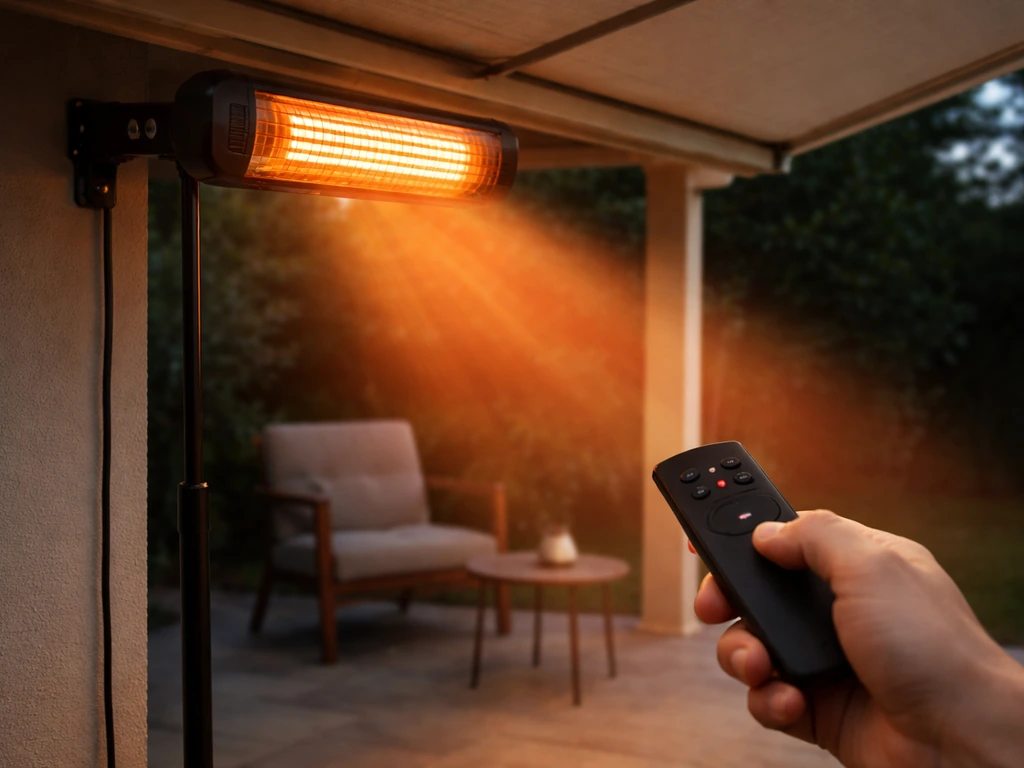 ThermoMate 1500W infrared patio heater warming a covered patio at dusk with remote in hand