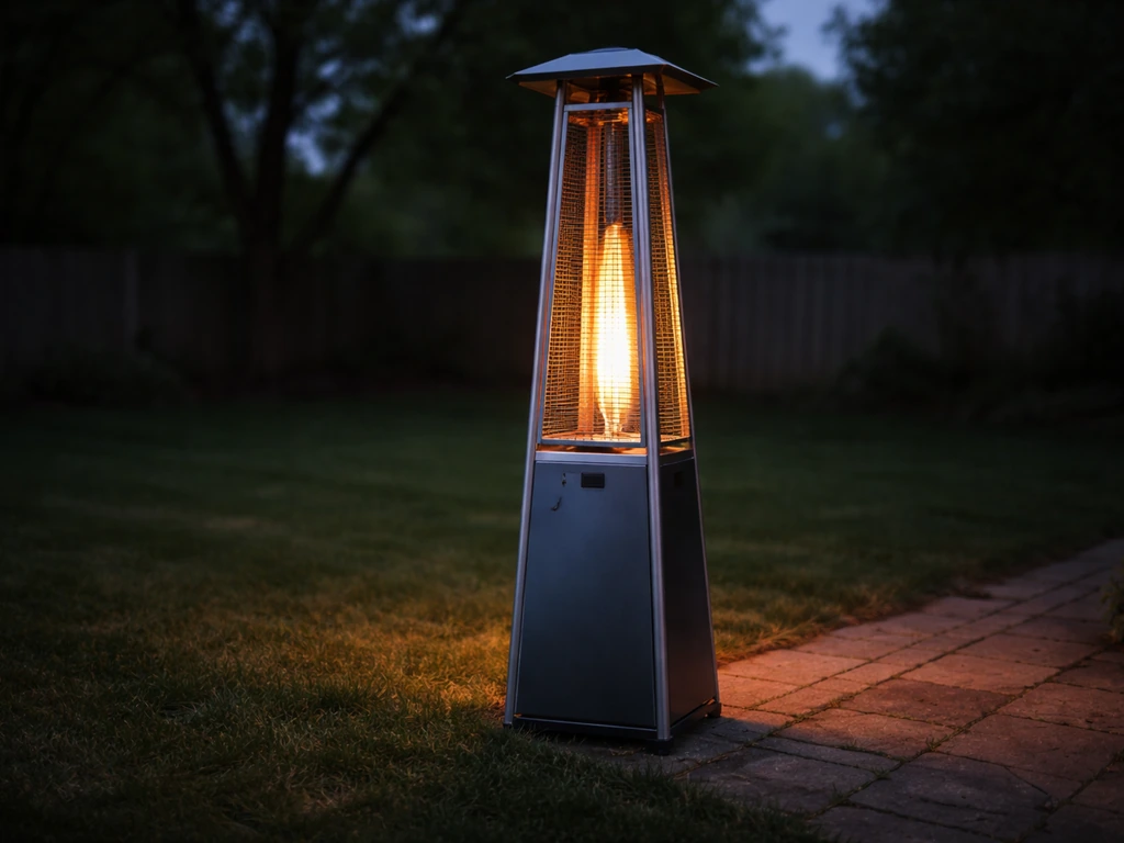 A propane radiant tower heater in an open backyard at night with visible burner glow.