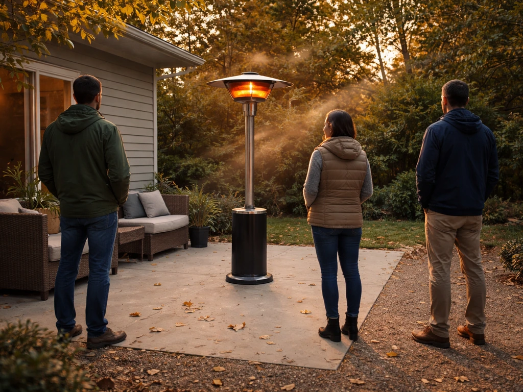 Outdoor patio with a radiant heater near a wall and three people at different distances in light wind.