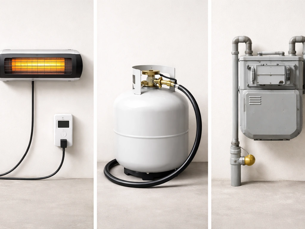 Minimal split photo of an infrared heater, propane tank, and natural gas meter on a light background.