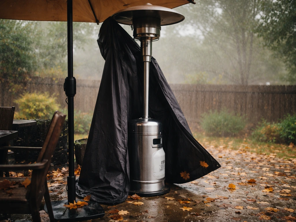 Close-up of a patio heater under an umbrella with damp patio and leaves blown by wind.