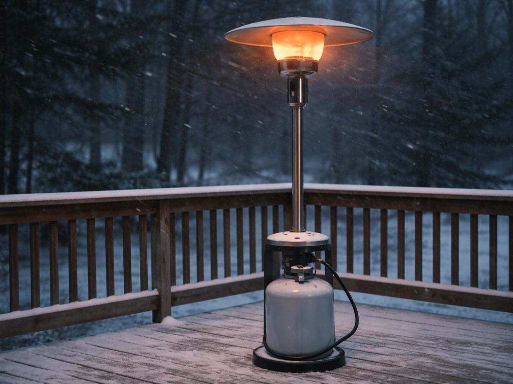 Mushroom-style propane patio heater on an open deck beside a propane tank in cold winter air