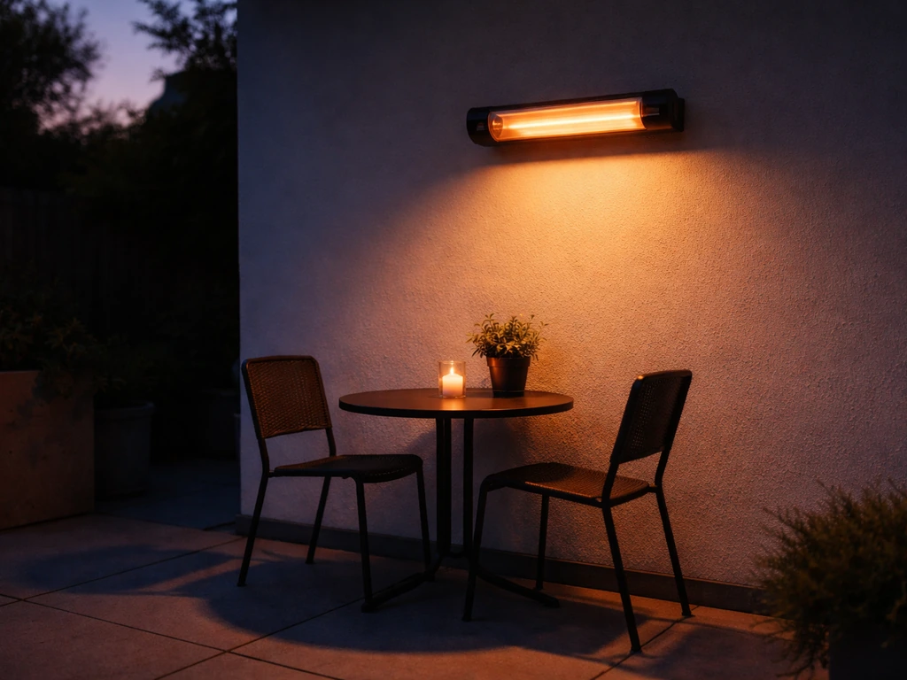 Outdoor patio seating warmed by an overhead infrared heater, with subtle warm and cooler zones.