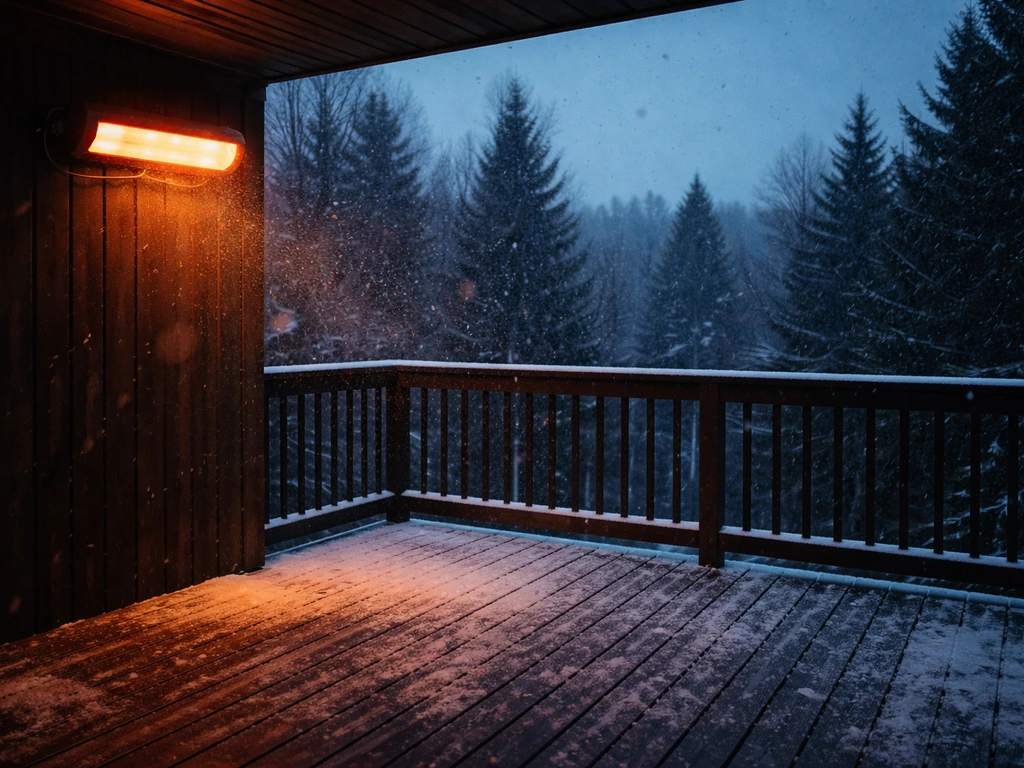 Snowy open deck at dusk with a mounted infrared heater casting visible warm glow in strong wind
