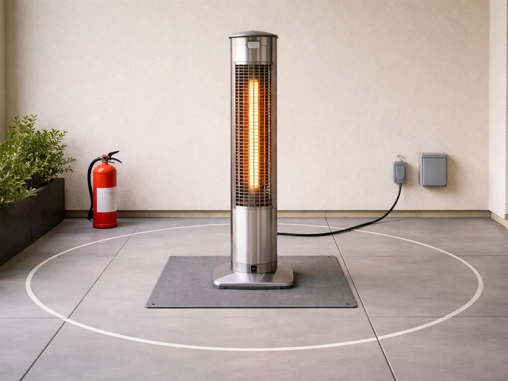 Outdoor infrared heater on a covered patio with clear safety clearance around it and neatly maintained surroundings.