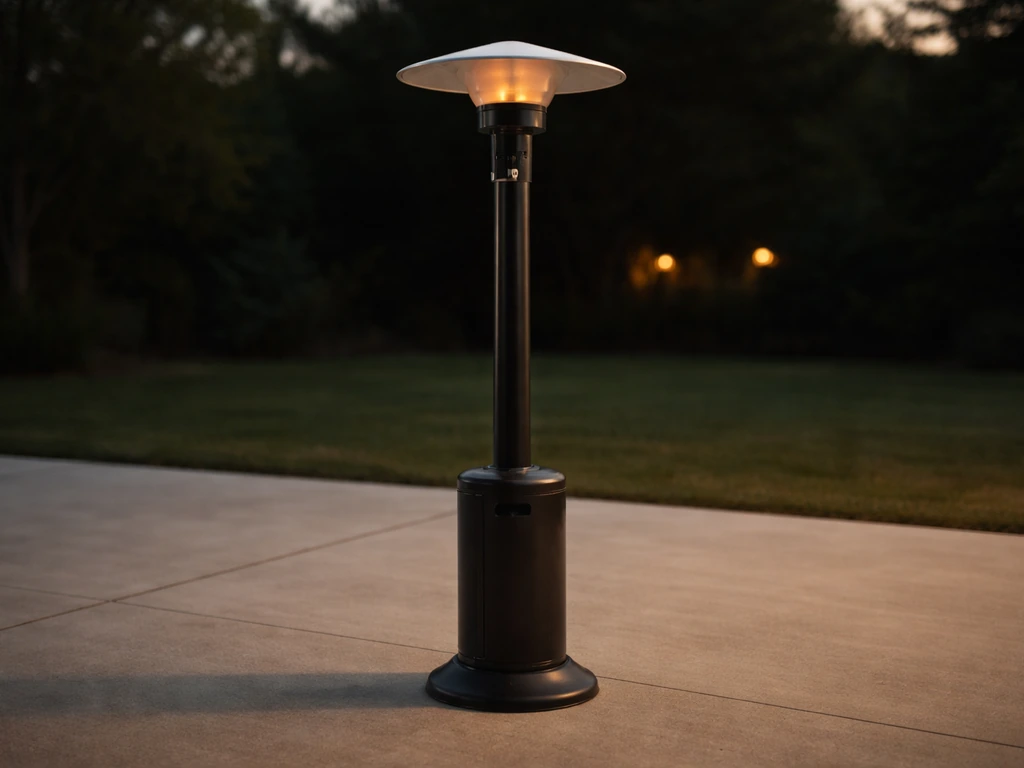 Black mushroom-top tower propane heater standing on a patio with a clear view of its base and height