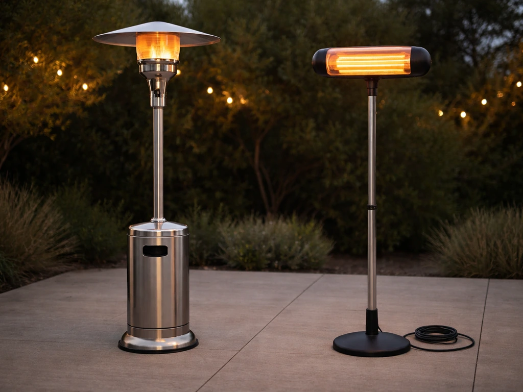 Side-by-side patio heaters: left propane with flame glow, right electric with glowing element and cord.