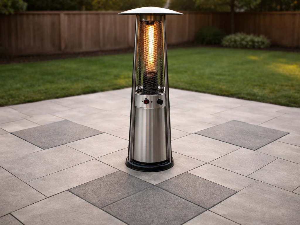 Close-up of a tower propane heater on a patio with clear surrounding clearance space and safety thermocouple detail.