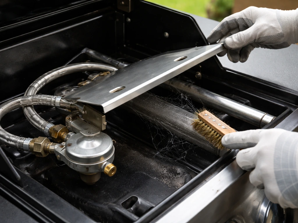 Hands inspecting a propane hose regulator and brushing a grill burner screen free of spider webs.