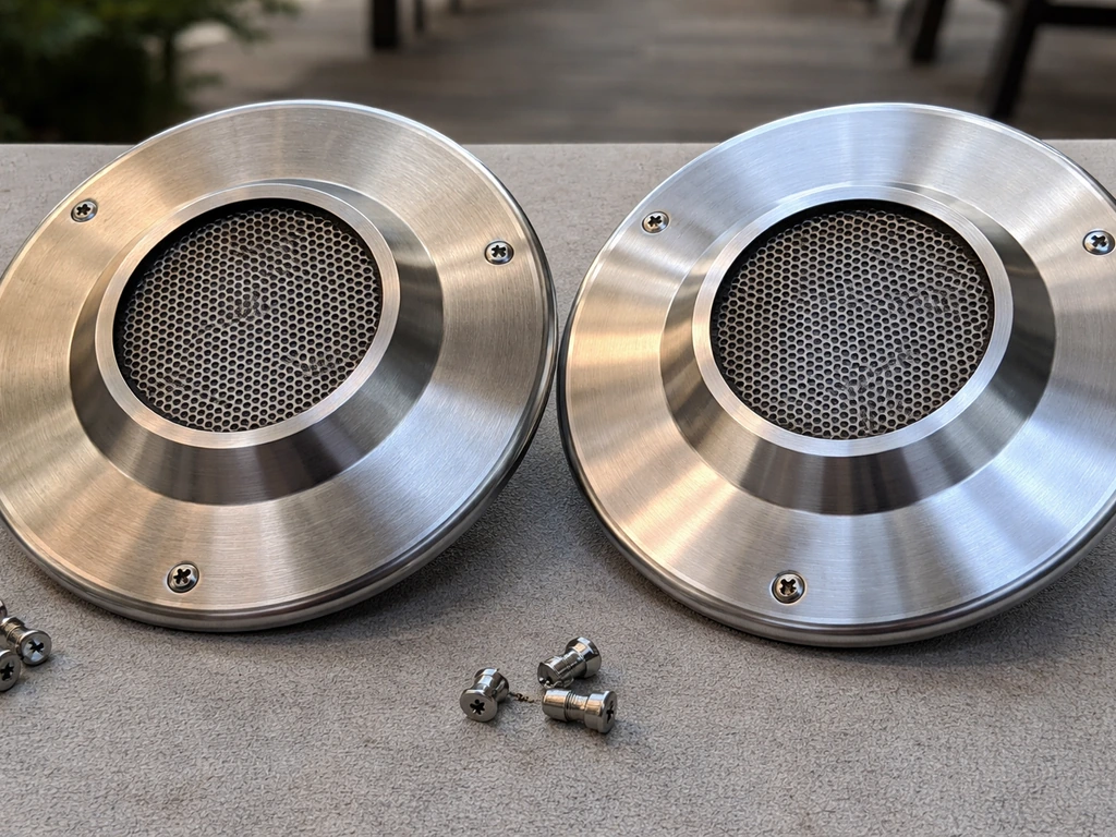 Close-up of two stainless patio heater emitter components showing finish differences between 304 and 316.