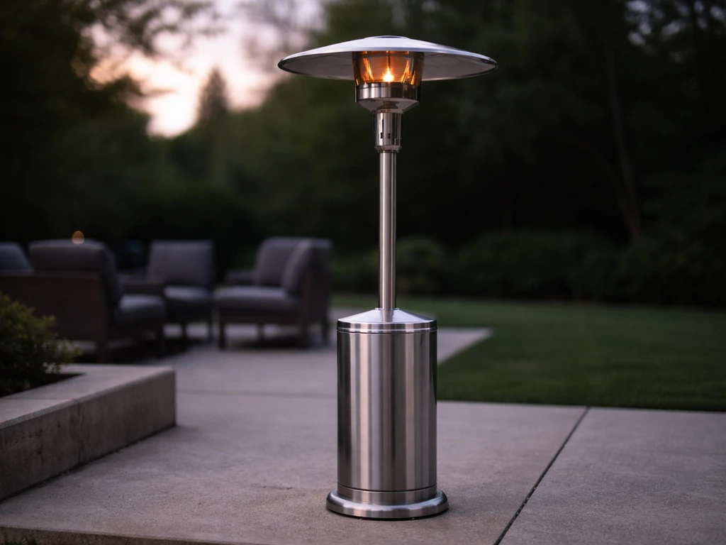 Brushed stainless propane standing heater on an outdoor patio at dusk, with simple seating blurred behind it.