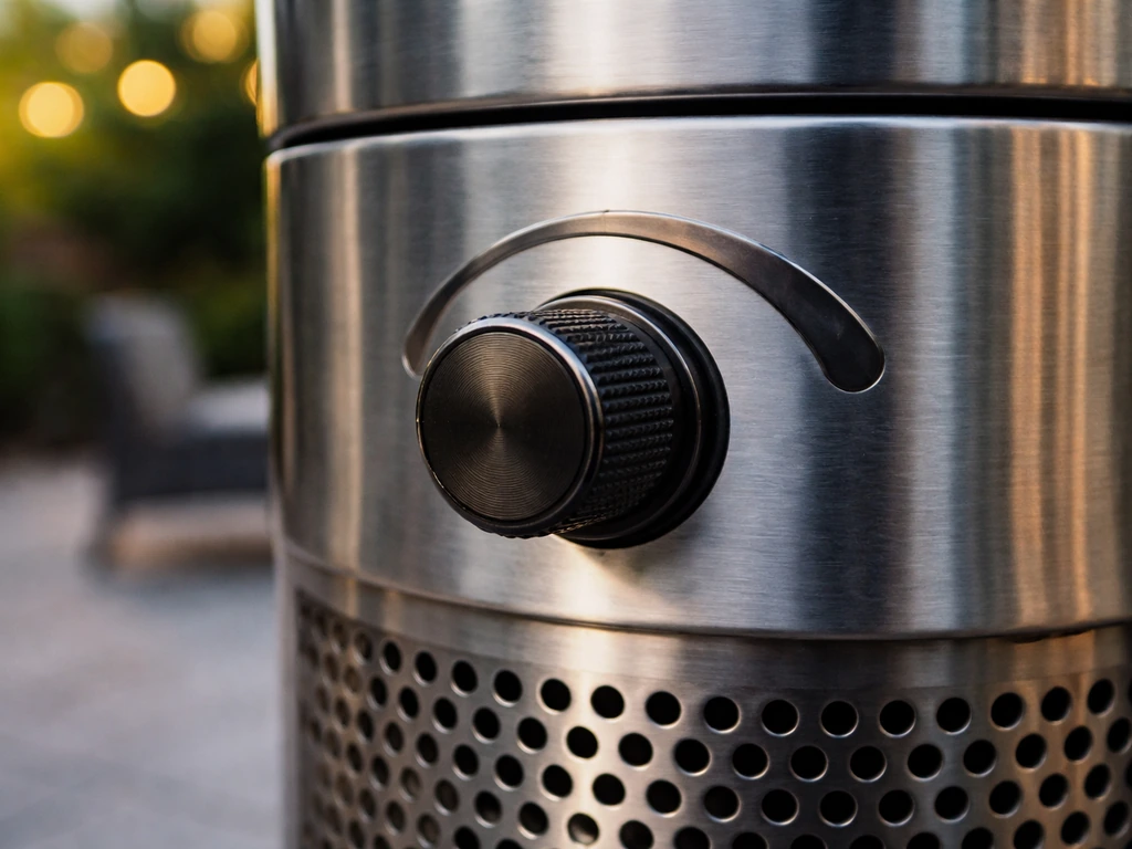 Close-up of an outdoor stainless patio heater’s control knob showing adjustable settings.