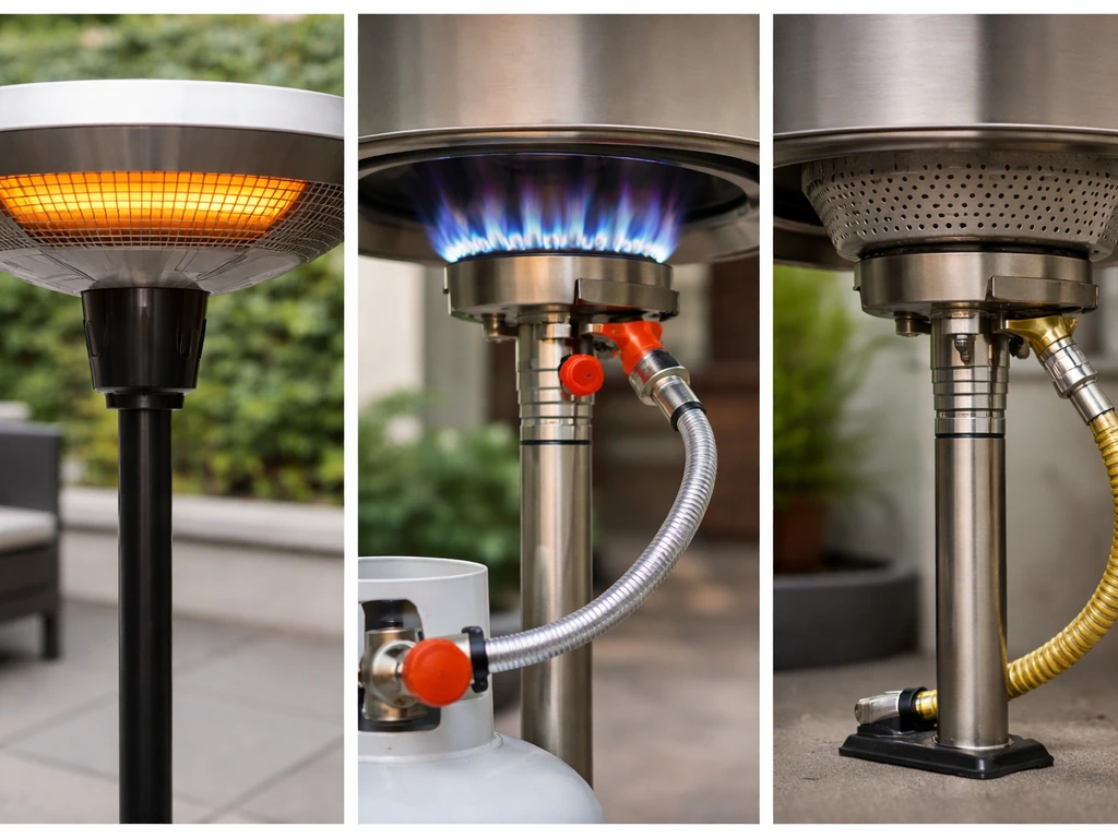 Three-panel outdoor comparison: electric glowing heater, propane blue flame with connection, and natural gas line.